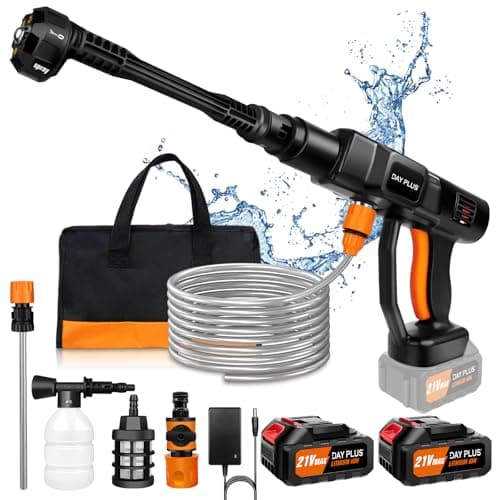 Nettoyeur Haute Pression sans Fil,21V 45 Bar/652 PSI Nettoyeur Haute Pression Portable avec 2PCS 3.0Ah Batterie, buse réglable 6 en 1, Tuyau de 5 m, Nettoyeur à Pression pour Voiture/Plancher/Jardin