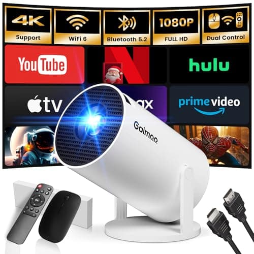 [App intégrée] Vidéoprojecteur 1080P FHD 4K 2025 Rétroprojecteur Portable Mini Projecteur Dual Contrôle avec Souris Android TV WiFi 6 BT5.2 180° Rotation HDMI/TV Stick/USB/PS5, avec HDMI et Souris