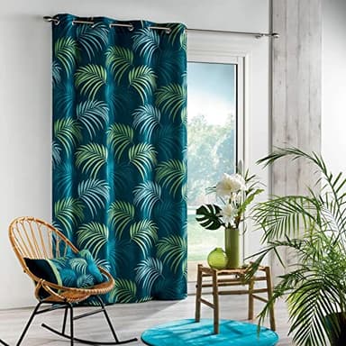Douceur d'Intérieur, Rideau à Oeillets (140 x 260 cm) Blue Vegetal Bleu, Polyester Imprimé