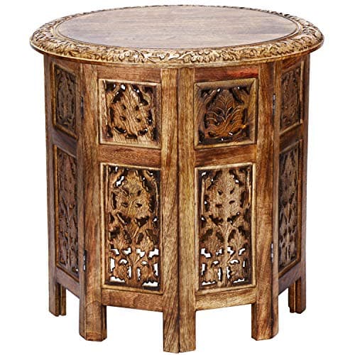 Petite Table Basse Orientale Pliante en Bois Ashkar Marron 45cm Ronde | Table de Chevet d'appoint Marocaine | Guéridon Pliant démontable | Décoration de Salon de Maison en Design Indien marocain