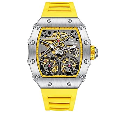 FORSINING Montre pour homme en forme de tonneau squelette mécanique automatique grand cadran tendance Business Dress Montres bracelet en silicone, jaune, Sangle