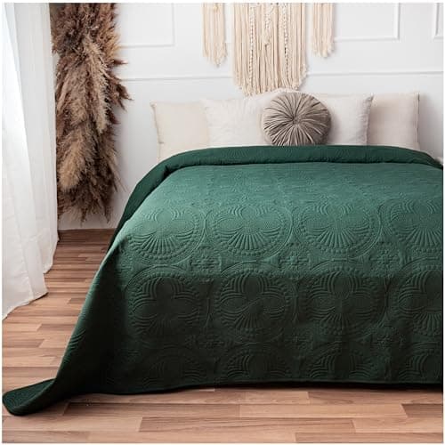 CalmyHOME Couvre-lit 240 x 260 cm, motif mandala, jeté de canapé, couverture de lit, couverture de jour, couverture de lit, taille XXL, matelassé, vert foncé