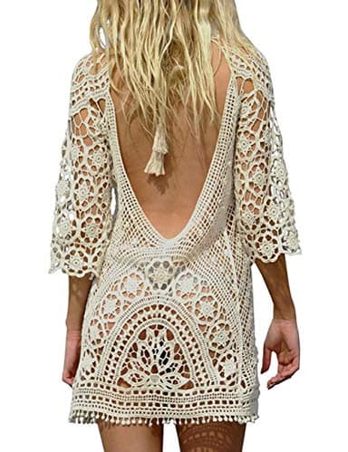 Uni-Wert Femme Eté Gland Paréo Tunique en Tricot Crochet Mini Robe de Plage pour Maillot de Bain Bikini Cover Up Beige
