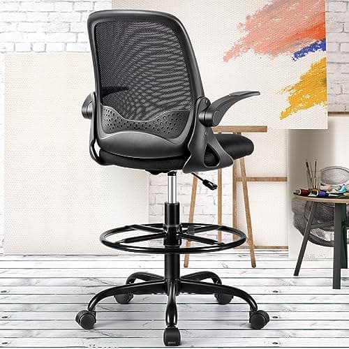 KERDOM Chaise de bureau ergonomique avec accoudoirs rabattables et support lombaire - Chaise pivotante réglable en hauteur avec anneau de repose-pieds - Convient pour la maison et le bureau