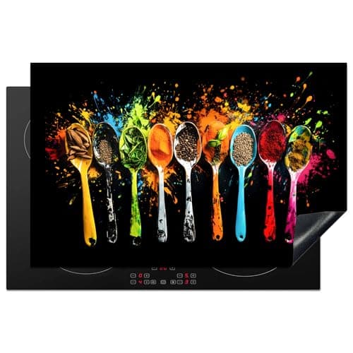 KitchenYeah© Protege Plaque Induction 80x52 cm Decoration Cuisine Tapis de Protection Pour Plan De Travail Cuisson Protégé Cuillères - Épices - Modern - Graffiti - Coloré