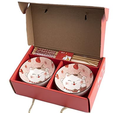 Lachineuse - 2 Bols Maneki Neko - Coffret Bols à Riz, Petit Déjeuner & Soupe - Vaisselle Japonaise en Porcelaine - Avec Baguettes - Chat Porte Bonheur - Cadeau Japonais - Déco Kawaii Japon