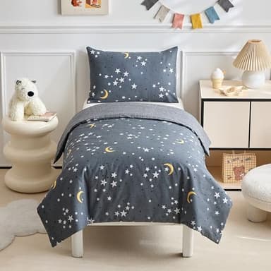 DuShow Parure de lit en coton pour lit d'enfant, housse de couette et taie d'oreiller pour garçons, parure de lit réversible pour tout-petit, lune - 120 x 150 cm