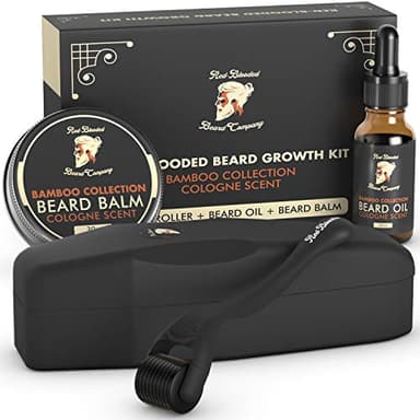 Red-Blooded Kit Pousse Barbe - Rouleau Barbe + Huile Pousse Barbe + Baume à Barbe - Stimule la Croissance de la Barbe et des Cheveux - Parfumé à la Cologne - Kit Barbe Homme - Soin Barbe Homme