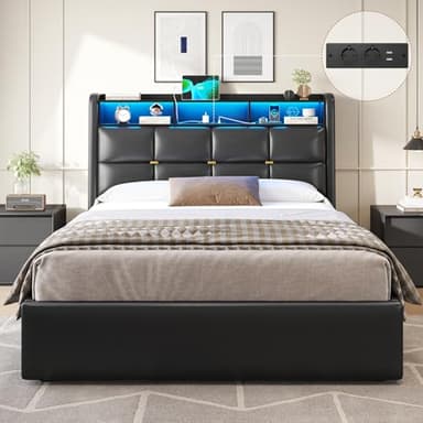 DICTAC Cadre de Lit 140 x 190 avec Sommier et Rangement,Lit Coffre140x190 avec Lumières LED et Prise,lit 2 Place 140x190 avec Tete de Lits,Lits Rembourré en Simili Cuir pour Adulte,Noir-sans Matelas