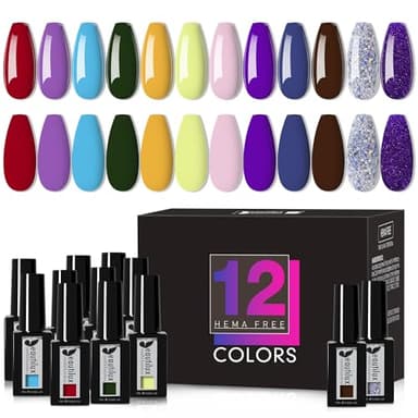 Beautilux HEMA-FREE Vernis Semi Permanent, 12 Couleurs Vernis Gel UV Semi Permanent Rouge Jaune Brun Foncé Violet Blanc pailleté, Vernis à Ongles UV Gel Soak Off Manucure Nail Art Kit Gel Polish 7ml