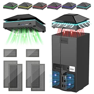 Ventilateur de RGB Compatible avec Console Xbox Series X, YUANHOT Ventilateur de Refroidissement avec 3 Vitesse Réglable, 7 Lumières LED Colorées, 2 Ports USB Supplémentaires pour Xbox Series X