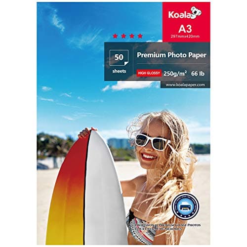 KOALA Papier photo jet d'encre brillant, A3 297x420 mm 250 g/m² 50 feuilles, avec revêtement en résine avancée haute brillance de qualité supérieure, pour imprimante à jet d'encre Canon Hp Epson