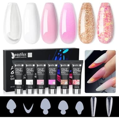 Beautilux Poly Nail Gel Kit, 6 * 15g Rose Blanc Transparent Or Pailleté Poly Nail Extension Gel, Acrygel Ongle Kit UV Tube Gel Pour Nail Art