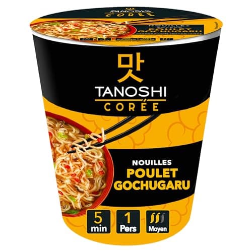 TANOSHI - Cup Nouilles Instantanées Saveur Poulet Gochugaru - Nouilles Coréennes Instantanées - 1 Personne - Blanche - 65 g (L'emballage peut varier)