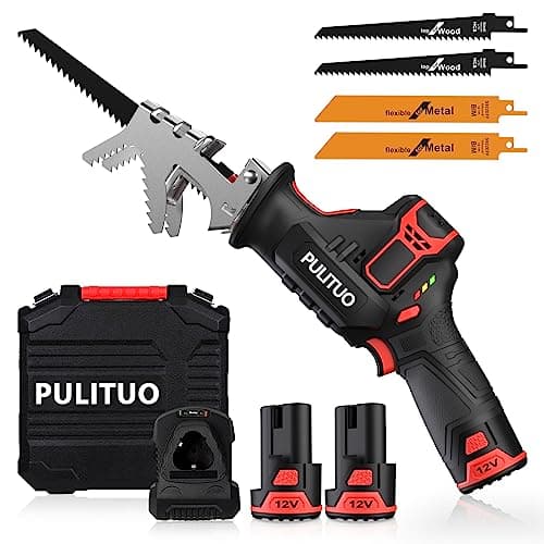 Scie Sabre Sans Fil, PULITUO Alternative avec 2×2Ah Batteries, 1 chargeur, Vitesses Réglables 0-2700SPM, Scie Egoîne Electrique sans Fil, 4 Lames Idéal pour la Coupe du Bois et du Métal