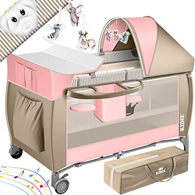 KIDIZ® Lit pour bébé | Lit de Voyage 3 en 1 | Set de lit pour bébé avec Matelas à Langer combiné | avec moustiquaire | Parc pour bébé de la Naissance à 15 kg, Pliable, rosé/Beige