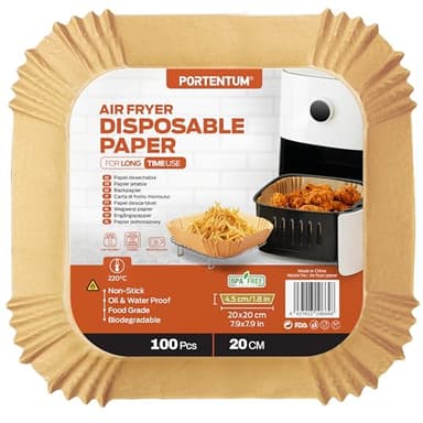 PORTENTUM Papier cuisson air fryer - 100 pièces Food-Grade BPA gratuit, 20 x 24 cm, pour friteuse sans huile 5 à 8 litres - Idéal pour la cuisson saine FRYER PAPER