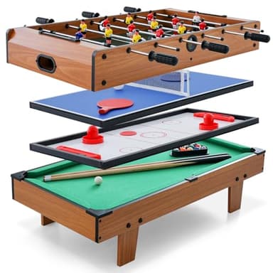 COSTWAY 4 en 1 Table de Baby-Foot en Bois, Jeu de Football avec Air Hockey, Billard, Tennis de Table,Baby-Foot pour Adultes Enfants, Taille Compacte,82x43x30cm