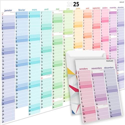 PACKLIST® Grand Calendrier 2025 Mural en Français. Calendrier 2025 Grand Format XXL A1 84 x 60 cm. Calendrier Familial - pour L'organisation Familiale, les Études et le Travail