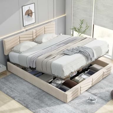 KOMHTOM Lit Coffre avec Tete de Lit, Lit Double Rembourré avec Rangement sous Lit, Cadre de Lit, Sommier à Lattes en Bois(sans Matelas) (Beige, 140 x 190CM)