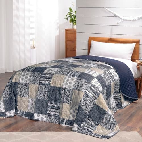Couvre-lit en patchwork bleu Mellow au design vintage, jeté de lit pour lit double, style patchwork, 220 x 240 cm