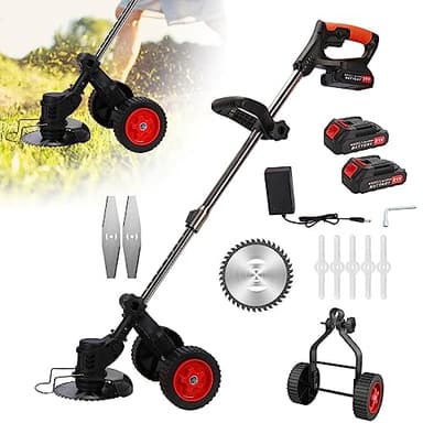 Coupe-Herbe électrique sans Fil 21 V avec poignée en D, débroussailleuse à 2 Roues, Coupe-Bordures et débroussailleuse 3 en 1 sans Fil, Coupe-Bordures Rechargeable avec 2 Batteries