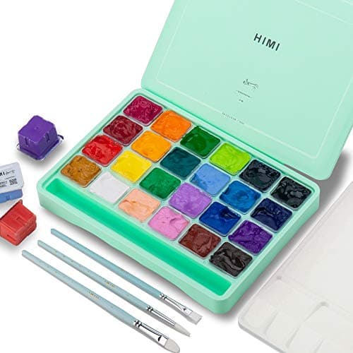 HIMI Ensemble peinture gouache, 24 couleurs x 30 ml avec pinceaux et palette. Design unique en gelée, non toxique. Pour toile papier aquarelle, parfait débutants, étudiants, artistes. (vert)