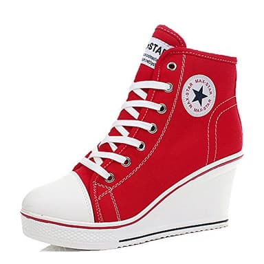 PADGENE Baskets Mode Compensées Montante Sneakers Tennis Chaussures Casuel Toile Femme, Rouge, 38 EU