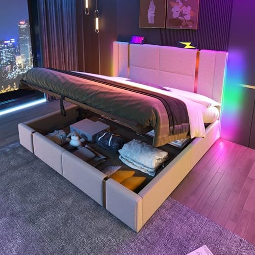 Lit 180x200 avec Sommier LED et USB et APP Control, Lit Coffre 180x200 avec Rangement et Tete de Lit, Lit Double avec à Lattes Lit 2 Personnes, Lit Capitonné Cadre de Lit 180x200(sans Matelas)