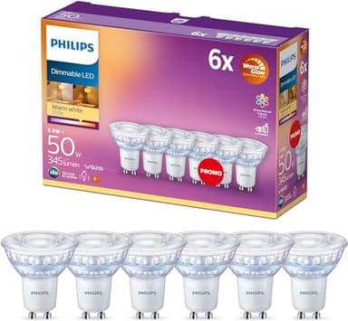 Philips ampoule LED Equivalent 50W GU10 C90 Blanc chaud, Dimmable, Verre, Lot de 6
