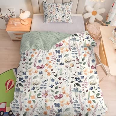 Linfye Housse de Couette 120x150 cm Enfant Beige Fleuri Parure de Lit 1 Personne avec Taie d'oreiller 40x60 cm, Imprimé Botanique Réversible Sets de Housse Couette en Microfibre Ensemble de Literie
