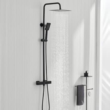 Colonne de Douche Thermostatique, Ulytid Colonne de Douche Noir avec Mitigeur Thermostatique Mural, Hauteur Réglable Ensemble de Douche Salle de Bain, Tête de Douche Carrée 25X25cm, Douchette 3 Jets