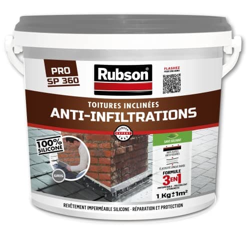 Rubson Revêtement Anti-Infiltrations Stop fuite Gris 1 kg, pour réparation & étanchéité de toitures inclinées & plates, Résine silicone imperméable -anti-fissures