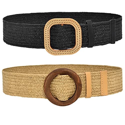 DUOXIN 2 Pièces Ceintures Élastiques Tissées de Paille Femme, Extensible pour Robe et Taille (Noir+Brun)
