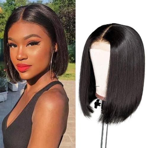 Perruque Bresilienne Cheveux Humain 4×4 Lace Wig Human Hair Bob Straight Perruque Femme Naturelle Brésilien Courte Perruque Cheveux Humain Lisse 150% Density Couleur Naturelle Noir 8 Pouces(20cm)