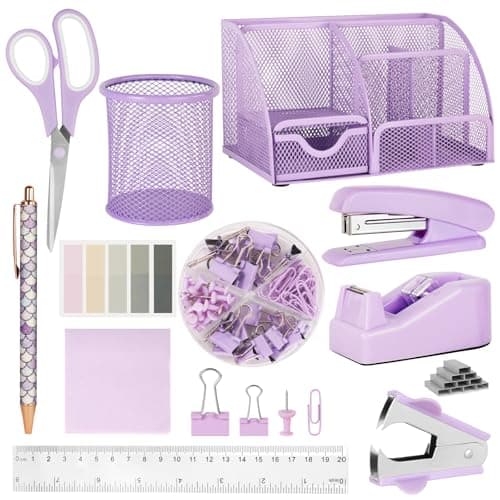 OFFCUP Ensemble de Fournitures de Bureau, Kit de Fournitures de Bureau avec Boîte de Rangement, Agrafeuse et Distributeur de Ruban Adhésif pour Filles, Règle, Ciseaux, Agrafes, Clips, Ciseaux