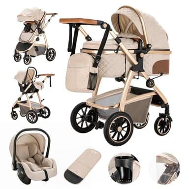 Gcarebb Poussette 3 en 1, Poussettes Citadines Avec Siège Auto, Poussette Canne Poignée Réglable en Hauteur, Poussettes Combinée Paysage Haut Cadre en Aluminium Convient Pour 0-4 Ans