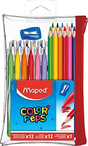 Maped - Trousse Garnie Transparente Color'Peps - 12 Crayons de couleur + 12 Feutres Lavables et Résistants au séchage + 1 Taille crayon - Trousse Réutilisable Zippée