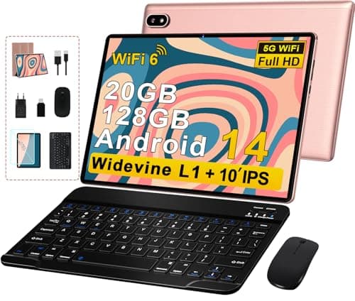 Tablettes 10 Pouces Tablette Android 14 avec 20Go RAM+128Go ROM(TF/1To), Octa-Core, 5G WiFi 6, Widevine L1, GMS, 5MP+8MP, 1280 * 800, Bluetooth 5.0, Tablette Tactile avec Clavier+Souris et Cas- Rose
