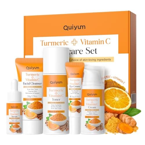 QUIYUM Soins pour le Visage Curcuma Vitamine C, Coffrets Cadeau de Soins pour la Peau, 5 Pièces Soins Visage Hydratants avce Nettoyant Visage Curcuma Toner Crème pour les Yeux Essence Crème