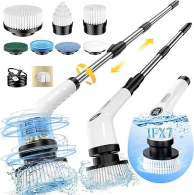FYDEE Brosse Nettoyage Electrique, Brosse Rotative Nettoyage avec 7 Têtes Remplaçables, IPX7 Étanche, Brosse Nettoyage Salle de Bain, Brosse Électrique sans Fil à Manche Réglable pour Douche et Sol