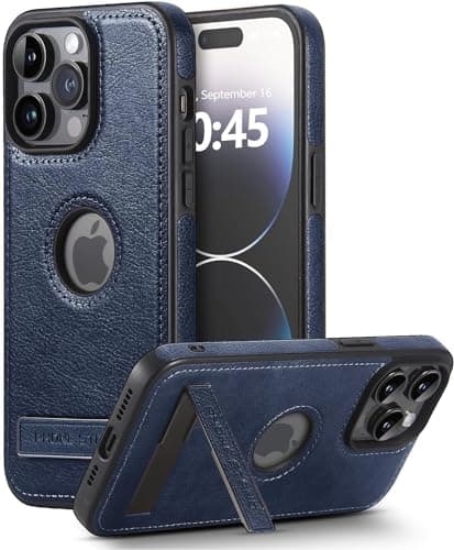 BinBoom Étui en cuir pour iPhone 14 Pro Max, coque de luxe fine, douce au toucher, protection fine avec béquille, coque de téléphone antichoc compatible avec iPhone 14 Pro Max (bleu, iPhone 14 Pro
