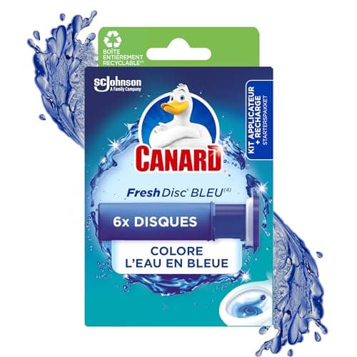 Canard WC Fresh Disc Eau Bleue - Bloc WC Sans Cage Nettoyant - Nettoie à 360° - Colore l'Eau en Bleue - 1 Diffuseur + 1 Recharge