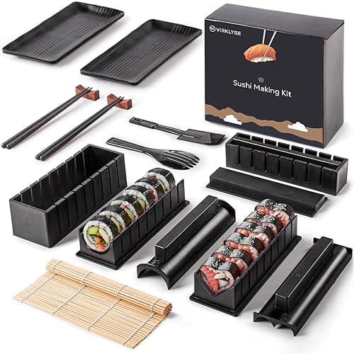 Virklyee Sushi Maker Kit 17Pièces Moules À Sushis Riz Rouleau Kit Sushi avec 8 Formes avec DIY Kit de Sushi, Assiettes à sushi, des rouleaux de bambou à sushi et des baguettes (Noir)