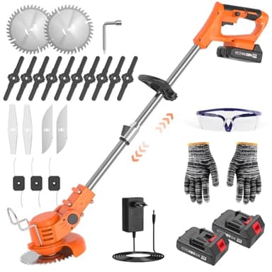 Débroussailleuse Électrique sans Fil, Débroussailleuse avec 5 Lames, Débroussailleuse Batterie 21V 2×2000mAh, Coupe-Herbe Télescopique Réglable pour Jardin, Pelouse, Buissons