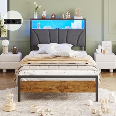 Brinlawb Cadre de Lit 90x200 avec sommier Métal, Lit 1 Personne avec lumières LED, Multiprise (2 Prises CA, 2 Ports USB) lit 90x200cm en métal avec Rangement, Facile à Assembler Marron Vintage+Gris