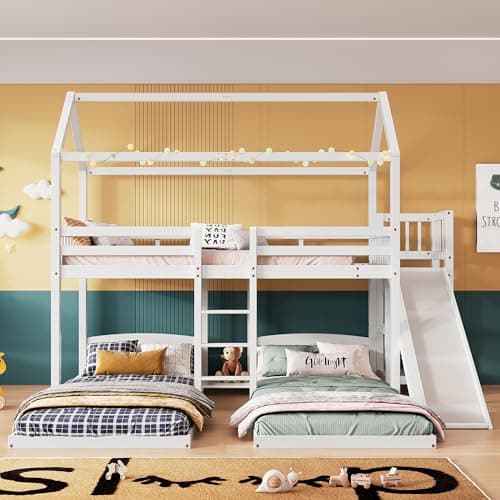 Seyakany Lit Superposé 3 Places avec Toboggan et étagère Ouverte, lit Cabane Enfant avec Toit et Trois Escaliers, Conçu avec Trois Positions de lit, Cadre en pin, Blanc, 90x200cm