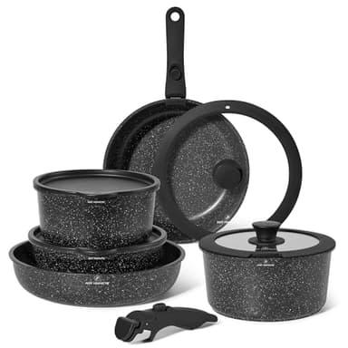 Just Perfecto Lot Casseroles et Poêles 11 Pièces - Poêle à Frire 20cm/26cm, Casserole 18cm/20cm, Sauteuse 26cm, Induction, Poignée Amovible, Revêtement Antiadhésif, Couvercles Antiprojections Black