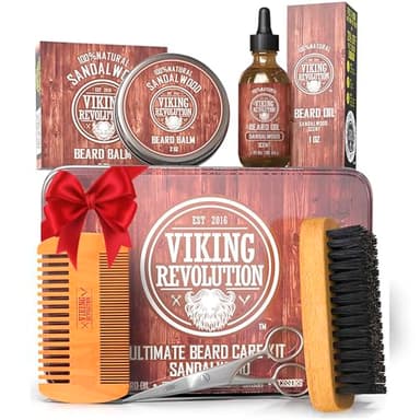 Viking Revolution - Kit Barbe Homme - Brosse Barbe en Poils de Sanglier, Peigne Barbe, Baume Barbe & Huile Barbe Homme, Ciseaux Barbe & Moustache - Cadeau Homme - Bois de santal