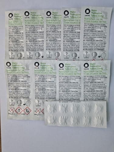 Oasis – Pastilles purifiantes d'eau, 100 unités de 33 mg, possible de purifier jusqu’à 500 L. FABRIQUÉ AU ROYAUME-UNI